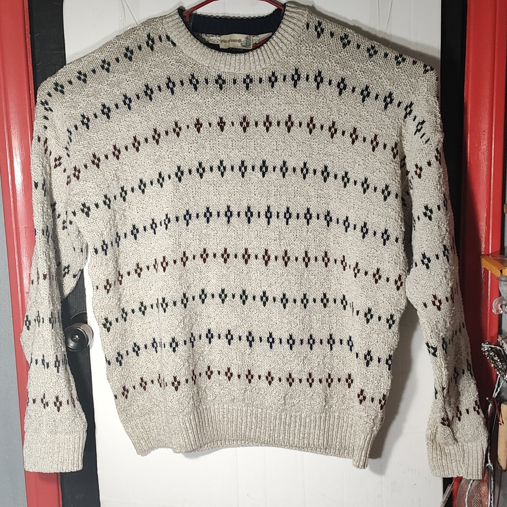 Vintage Men's Cream Patterned Crewneck Sweater